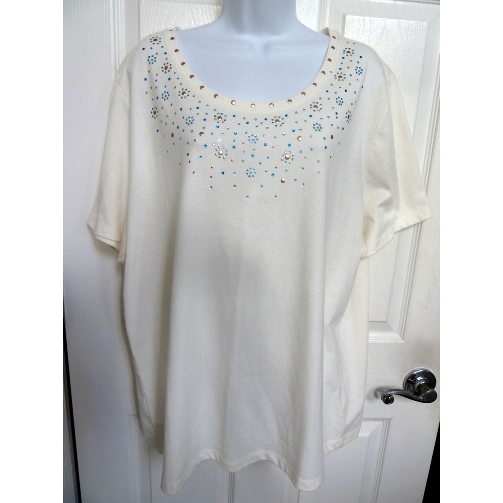 Coral Bay Woman Plus Size 1X Beaded T-Shirt Short Sleeve Off-White Basic Tee